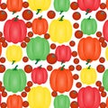 Seamless vector pattern with colorful sweet peppers and tomatoes on a white background. Floral ornament. Royalty Free Stock Photo